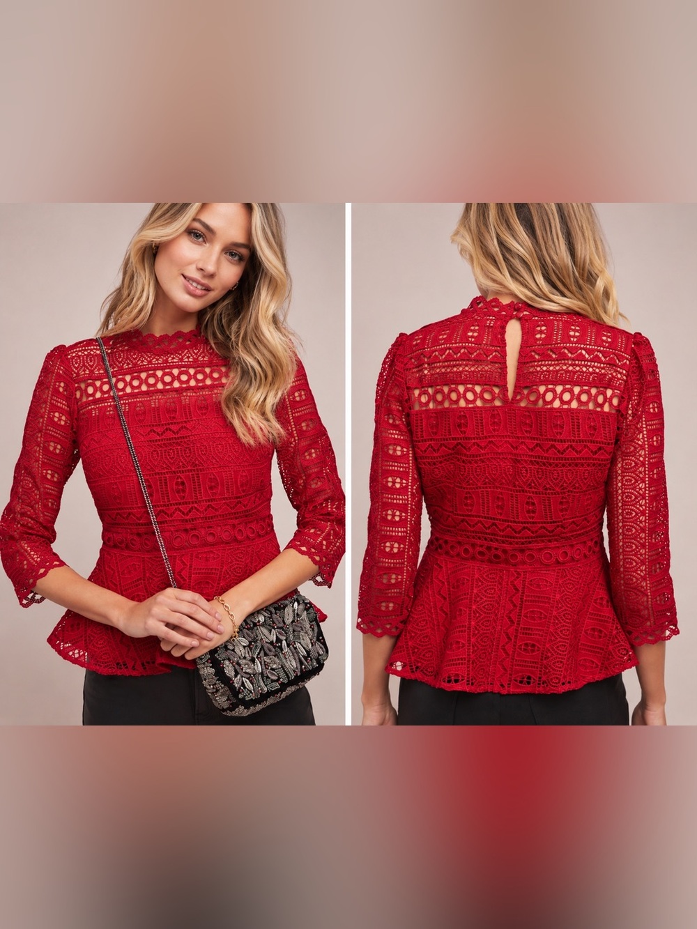 Anthropologie Moulinette Soeurs Lace Peplum Top Red Coquette Boho‎ Mock Neck NWT